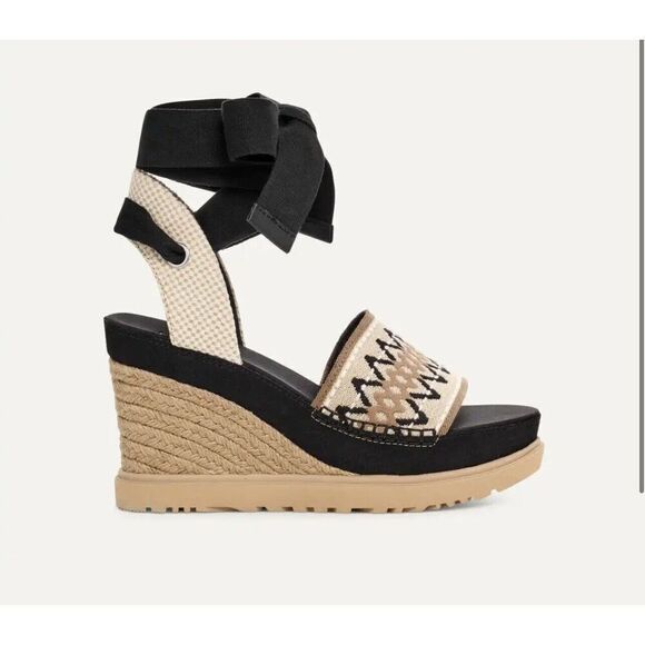 New Ugg Australia Abbot Women Wedge Platform Ankle Tie Beige Black Sandals 8 - Picture 1 of 4
